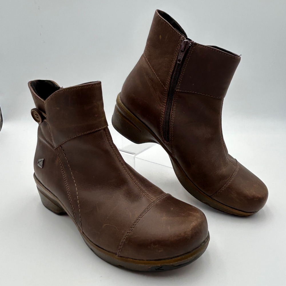 Keen Presidio Brown Leather Outdoor Boots Womens 8 Side Zip Ankle Wedge 1014102